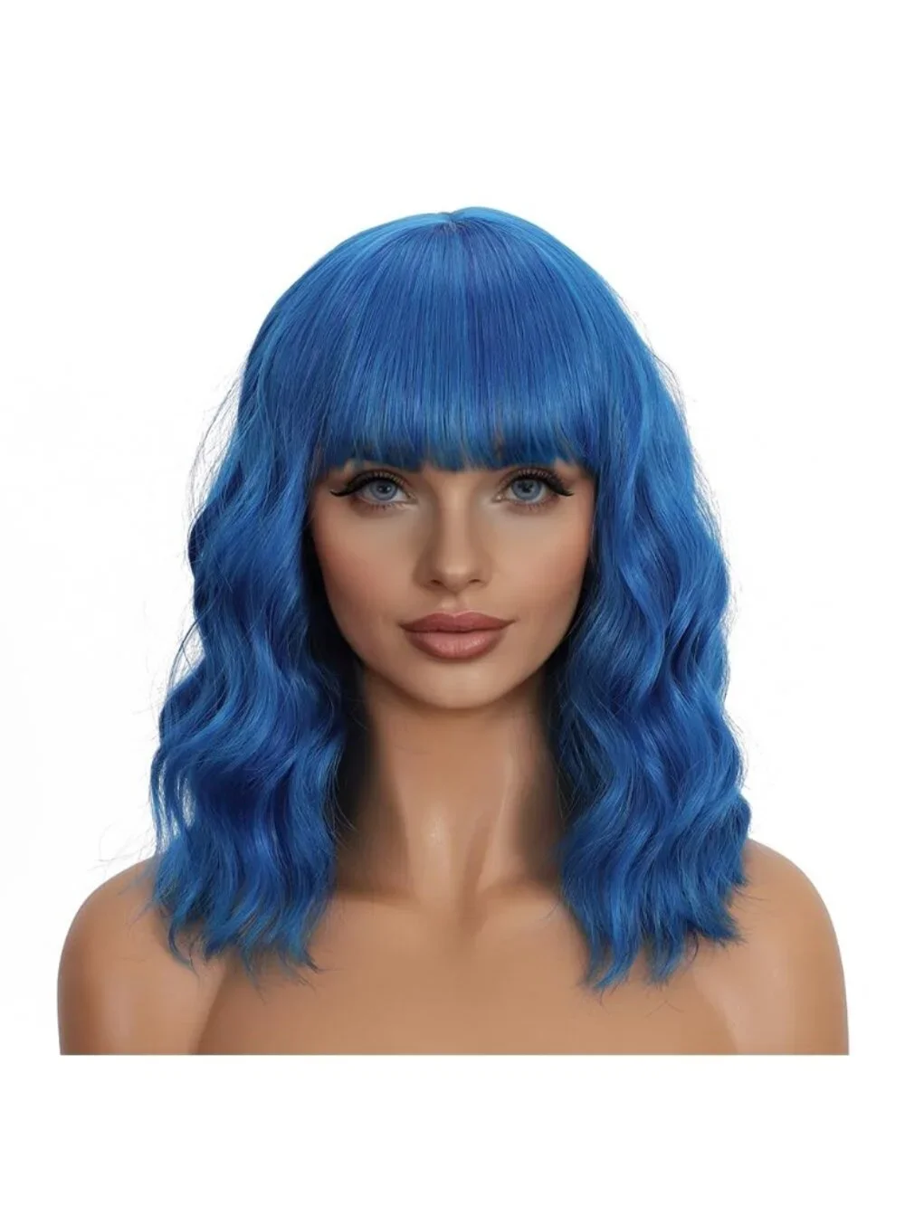 Women's Dark Blue 14 Inch Heat Resistant Synthetic Short Wavy Bob Wigs Bangs
